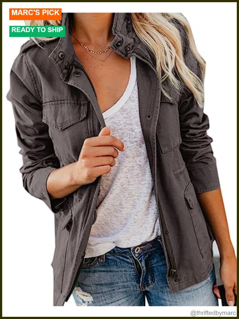 Women's Military Anorak Jacket Cotton Linen Blend Zip Up Utility Coat